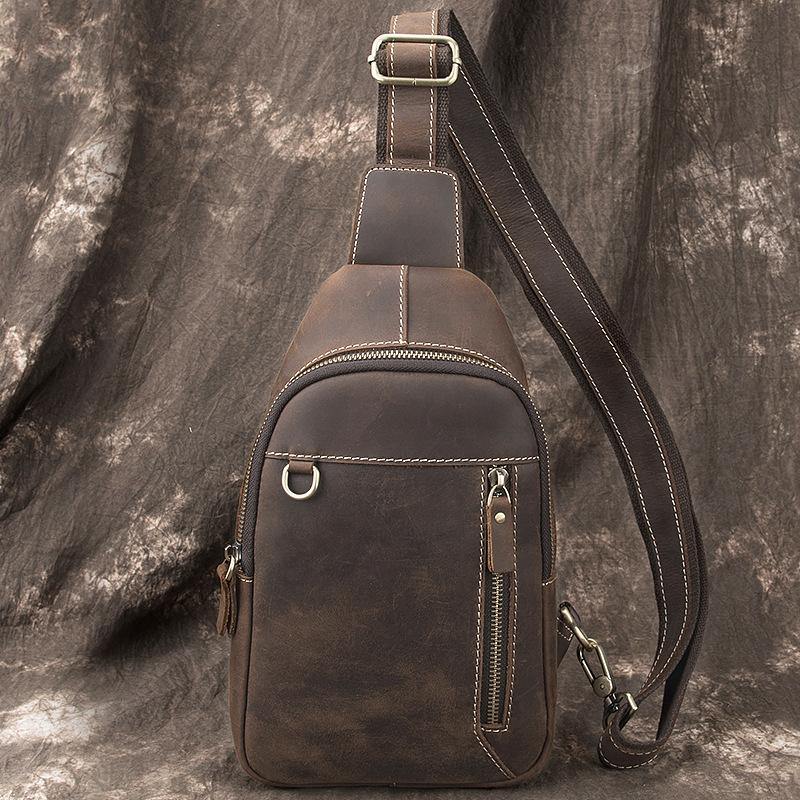 Simple Black Leather Sling Backpack Mens Sling Bag Vintage Sling Pack For Men