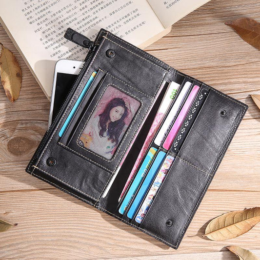 Casual Black Leather Men's Long Wallet Bifold Long Checkbook Wallet Clutch For Men