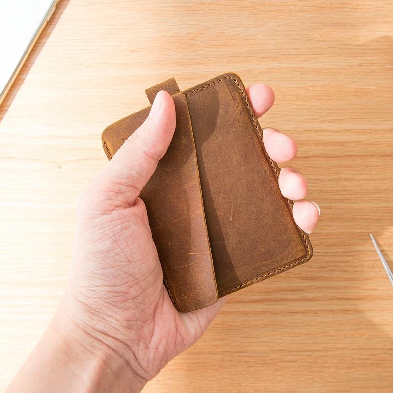 Brown Cool Leather Mens Card Holder Thin Front Pocket Wallet Vintage Slim Card Wallet for Men