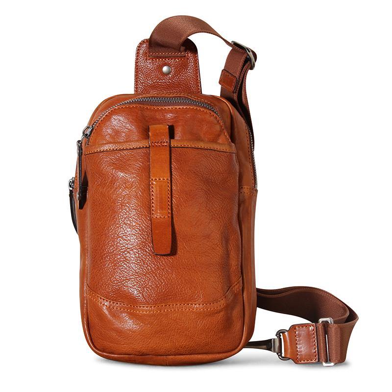 Casual Tan Leather Mens Chest Bag Sling Bag Coffee Crossbody Pack One Shoulder Backpack for Men