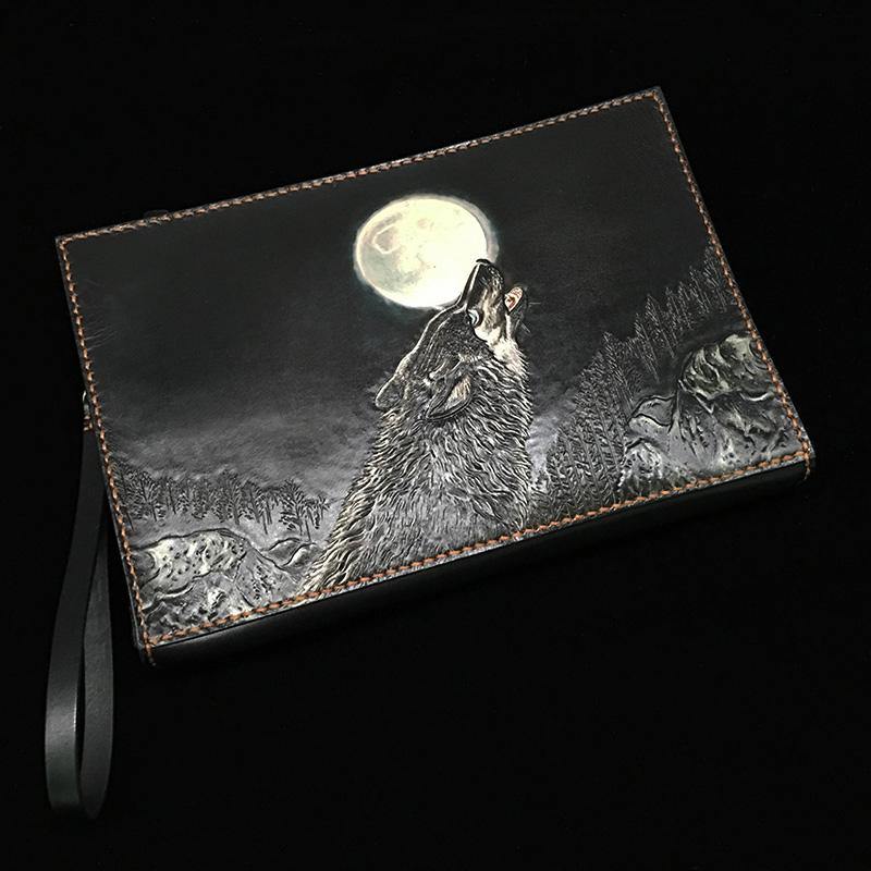 Black Handmade Tooled Leather Chinese Dragon Clutch Wallets Wristlet Bag Clutch Purse For Men