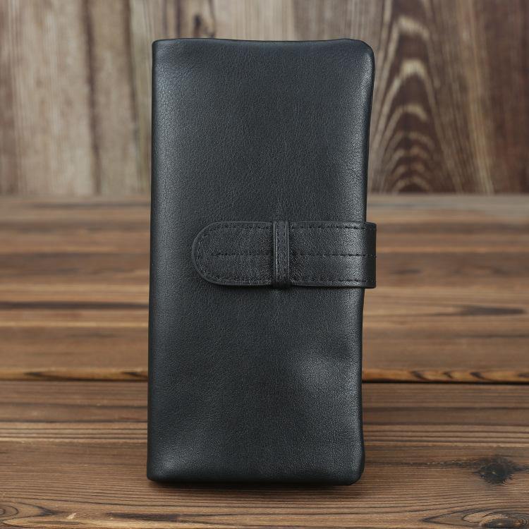 Black Leather Men's Bifold Long Wallet with Coin Pocket Billfold Wallet Card Wallet For Men