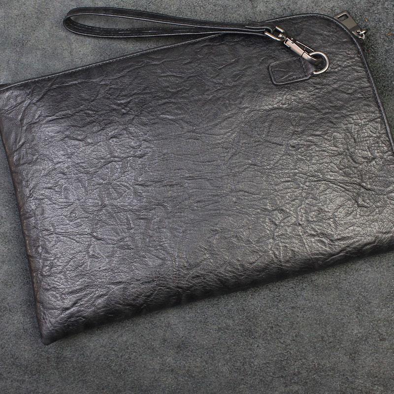 Handmade Leather Black Mens Clutch Cool Slim Wallet Zipper Clutch Wristlet Wallet for Men