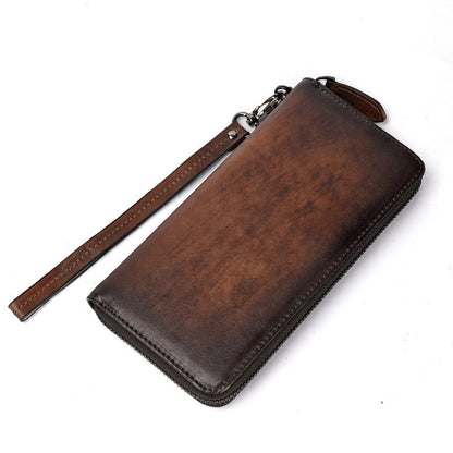 Vintage Brown Leather Men's Clutch Long Wallet Tan Zipper Wristlet Wallet For Men