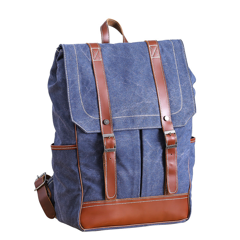 Denim Blue Waxed Canvas Mens Large 14'' Laptop Backpack College Backpack Hiking Backpack for Men