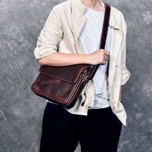 Cool Leather Mens 8¡®¡¯ Red Brown Small Side Bag Small Messenger Bag Shoulder Bag For Men