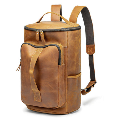 Vintage Mens Leather Barrel Backpack Barrel Travel Backpack Tan School Backpack For Men