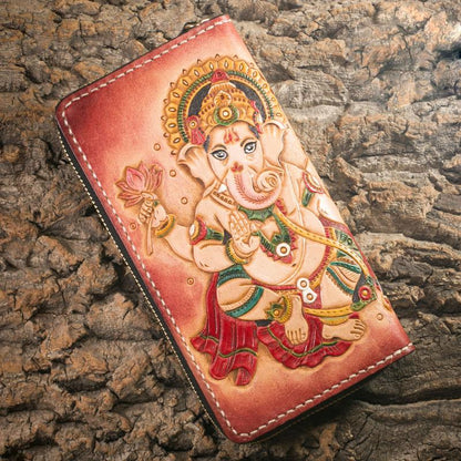 手工皮革男士手拿包皮夾工具酷 Ganesha 皮夾男士長拉鍊皮夾