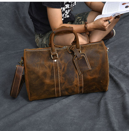 Retro Brown Leather Men's Business Overnight Bag Large Travel Bag Duffel Bag Weekender Bag For Men