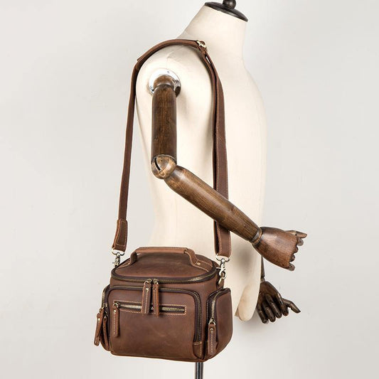 Vintage Dark Brown Leather Mens Camera Shoulder Bag Small Messenger Bag Courier Bag for Men