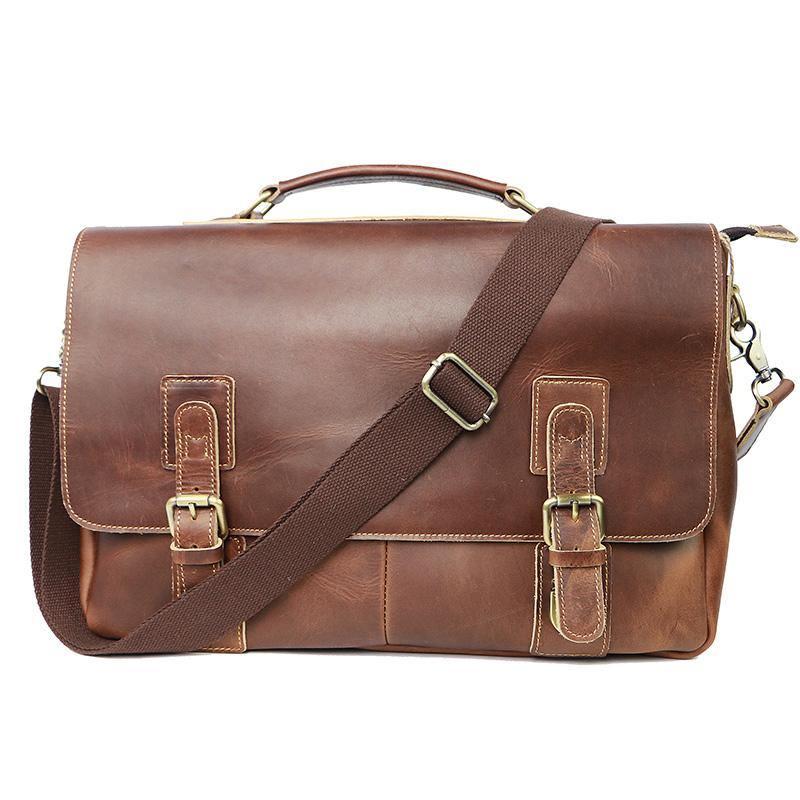 Vintage Black Mens Leather Briefcase Work Handbags Brown 14'' Computer Briefcases For Men