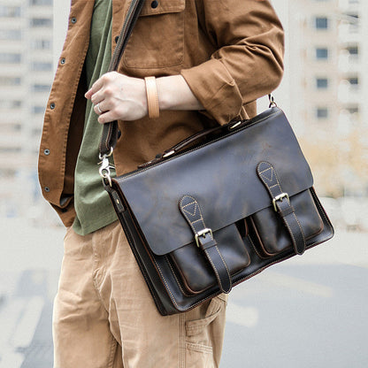 Vintage Dark Brown Mens Leather Briefcase Work Handbag Dark Coffee 14'' Computer Briefcase For Men