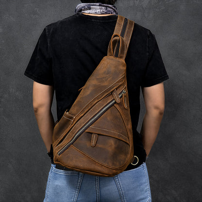 Vintage Leather Mens 16' Backpack Sling Bag Brown Chest Bag One Shoulder Backpack for Men