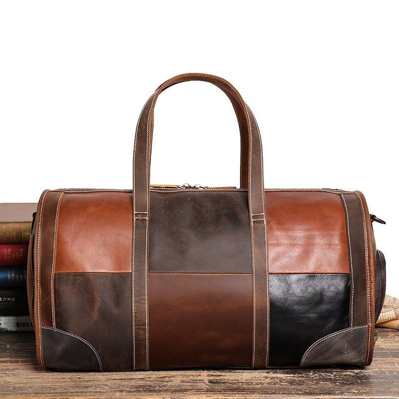 Leather Mens Travel Bag Color Blocks Weekender Bag Barrel Duffle Bag Overnight Bag for Men