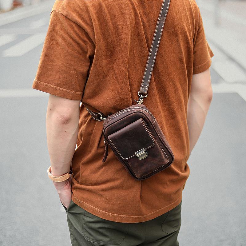 Black Vintage Leather Mens Mini Messenger Bag Waist Bag Dark Brown Belt Pouch Bag For Men