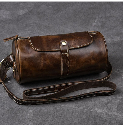 Leather Mens Vintage Brown Side Bag Barrel Messenger Bag Small Bucket Bag For Men