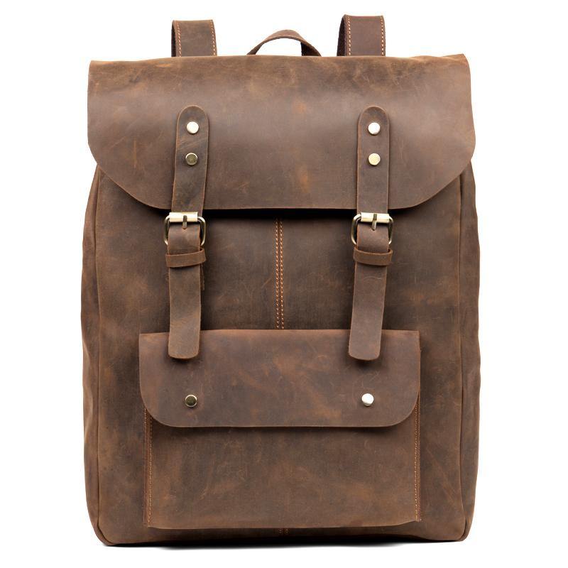 Casual Brown Mens Leather 15-inch Large Backpack Travel Backpacks Computer Backpacks for men