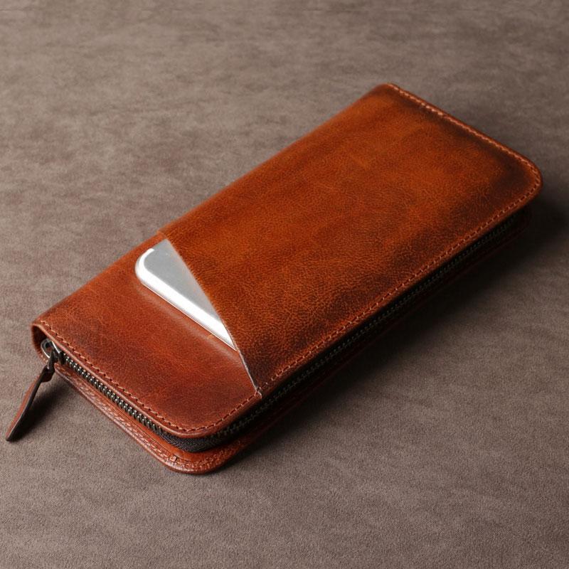 Genuine Leather Mens Cool Long Leather Wallet Cards Phone Zipper Clutch Wristlet Wallet for Men