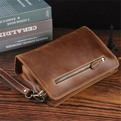 Vintage Brown Mens Clutch Wallet Leather Zipper Clutch Wristlet Purse Bag Clutch Bags For Men