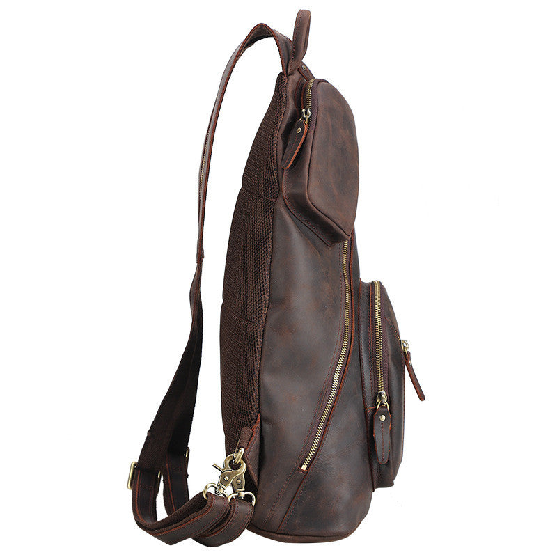 Vintage Large Brown Leather Men's Sling Bag Chest Bag One Shoulder Backpack For Men