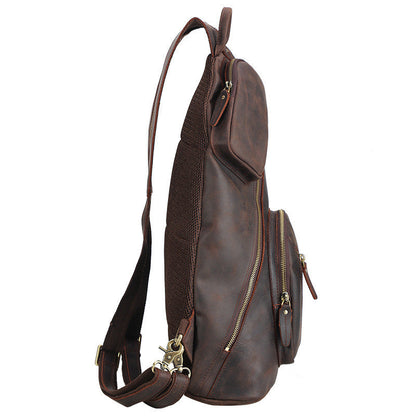 Vintage Large Brown Leather Men's Sling Bag Chest Bag One Shoulder Backpack For Men