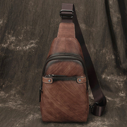 Vintage Brown LEATHER MENS One Shoulder Backpack Cool Chest Bag SLing Bag For Men