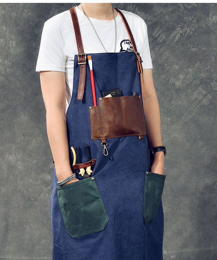 Canvas Leather Mens Womens Blue Craftsman Apron Cafe Staff Apron Work Apron for Men