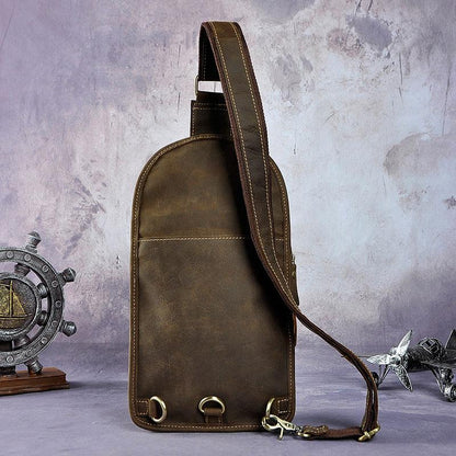 Vintage Leather Mens One Shoulder Backpack Sling Bag Chest Bag Sling Backpack for men