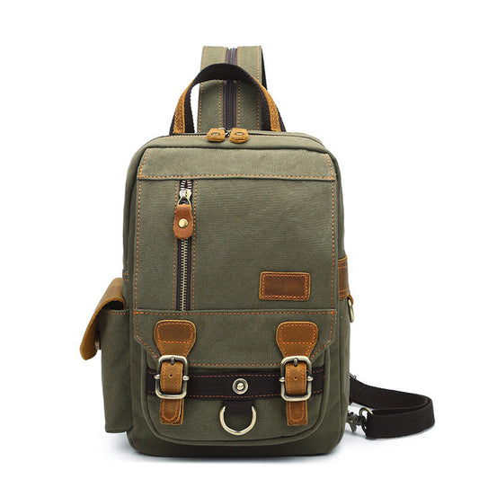 Canvas Leather Mens Mini Sling Bag Khaki Backpack One Shoulder Bag Green Chest Bag for Men