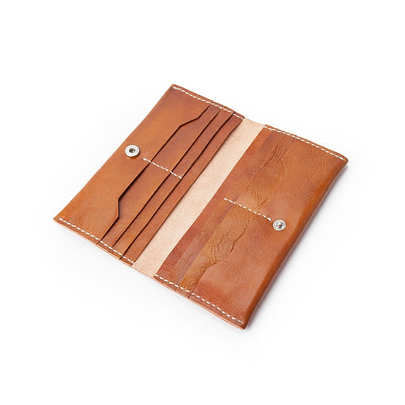 Brown Handmade Leather Mens Long Wallet Bifold Long Wallet Cellphone Wallet For Men