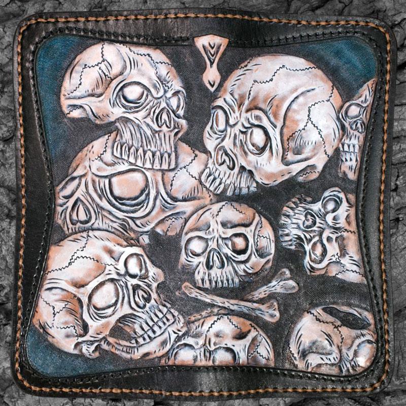 Handmade Leather Men Tooled Skull Halley Cool Leather Wallet Long Phone Wallets for Men