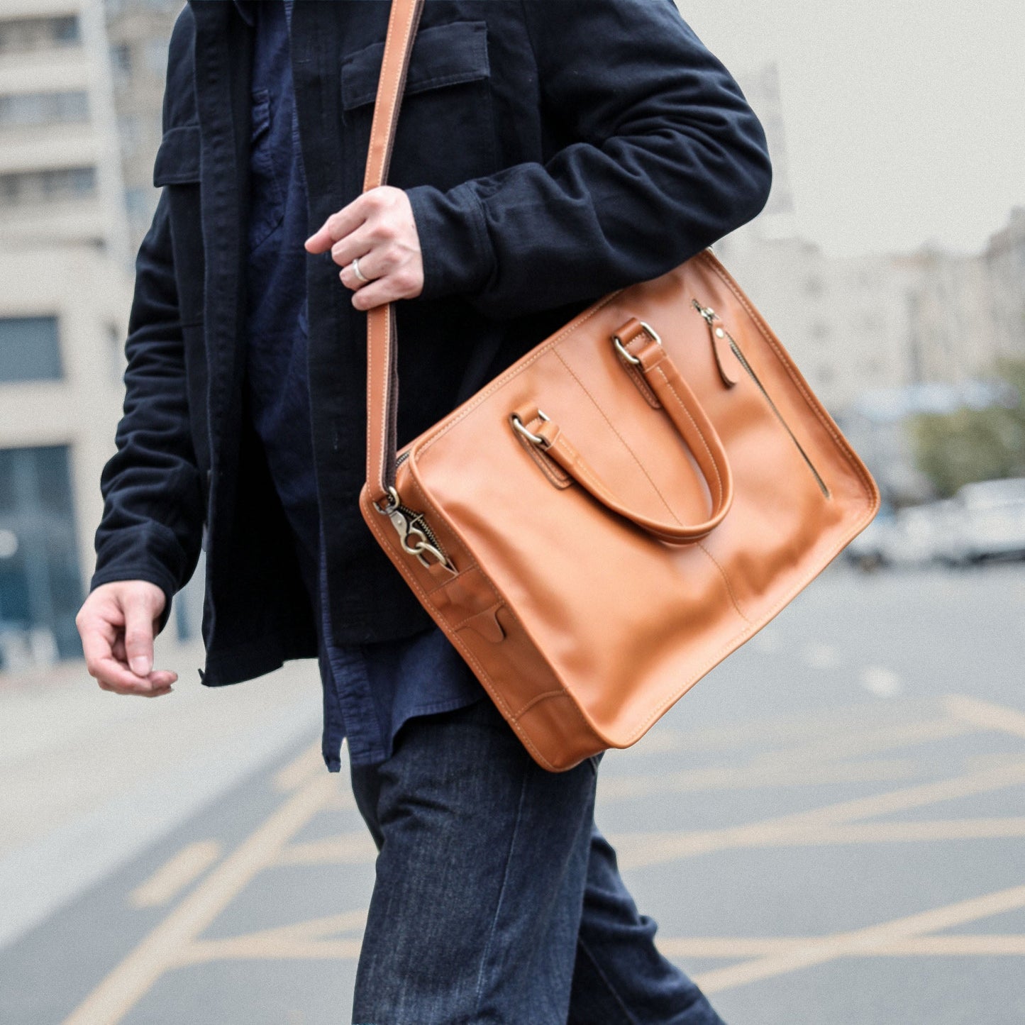 Vintage Black Mens Leather Briefcase Work Handbag Brown 14'' Computer Briefcase For Men