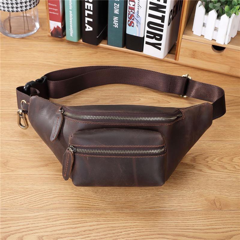 Mens Leather Fanny Packs Bum Bag Hip Pack Brown Leather Waist Bags for Men