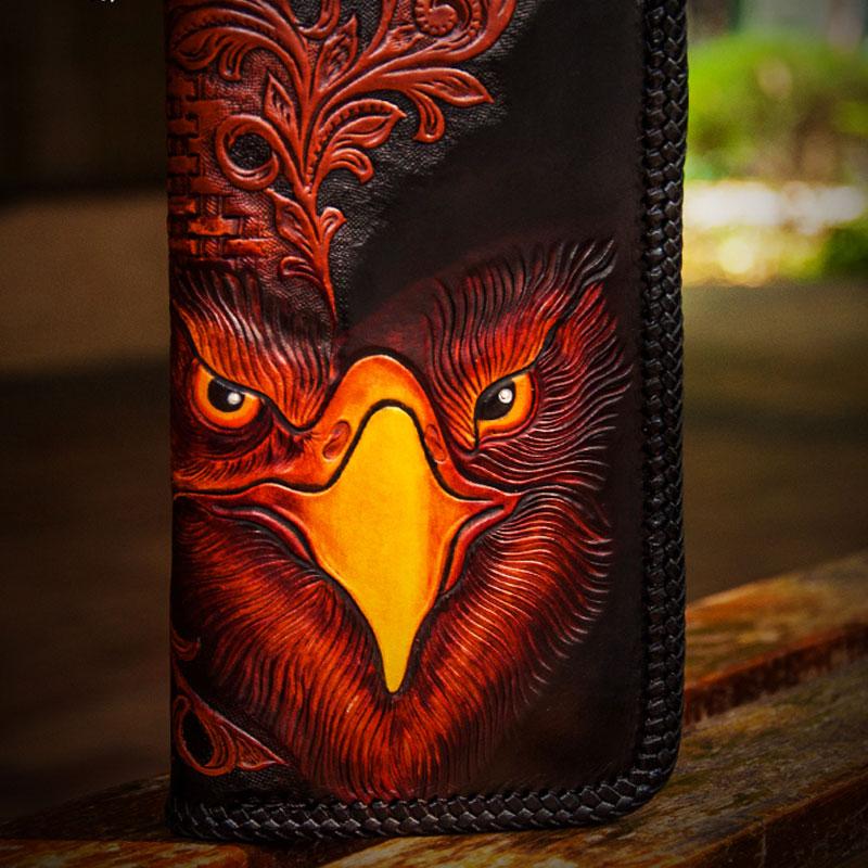 Handmade Leather Men Tooled Eagle Cool Leather Wallet Long Phone Clutch Wallets for Men