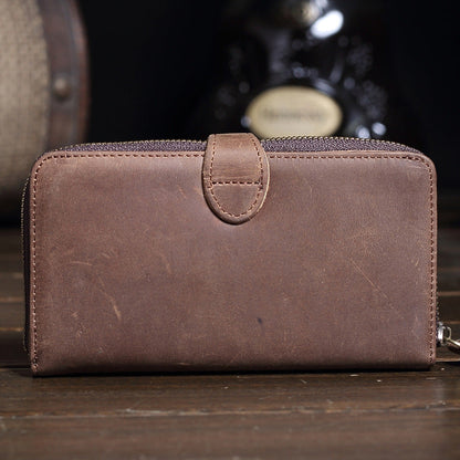 Vintage Brown Leather Men's Bifold Long Wallet Cool Zipper Long Wallet Clutch For Men