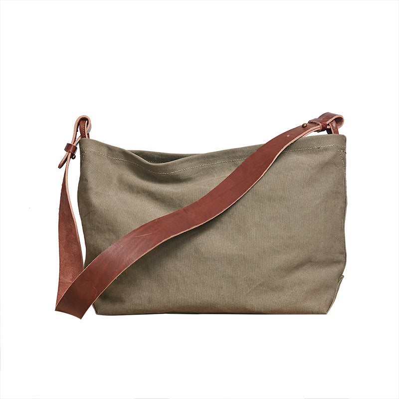 Cool Canvas Leather Mens Side Bag 14 inches Green Canvas Courier Bags Canvas Messenger Bag for Men