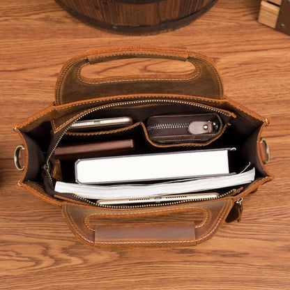 Light Brown Leather Mens 12 inches Briefcase Vertical Laptop Bag Business Handbag Work Bags for Men