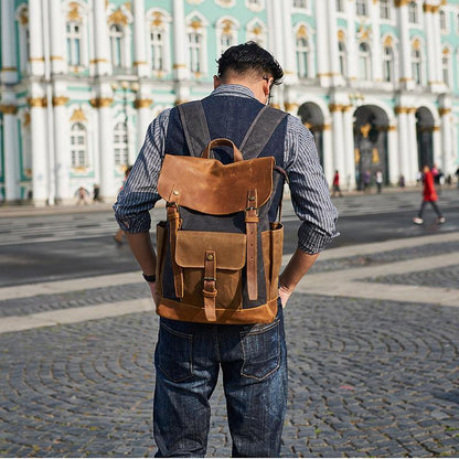 Canvas Leather Mens Backpack 15 inches Travel Backpacks Satchel Backpack Canvas School Backpack for Men