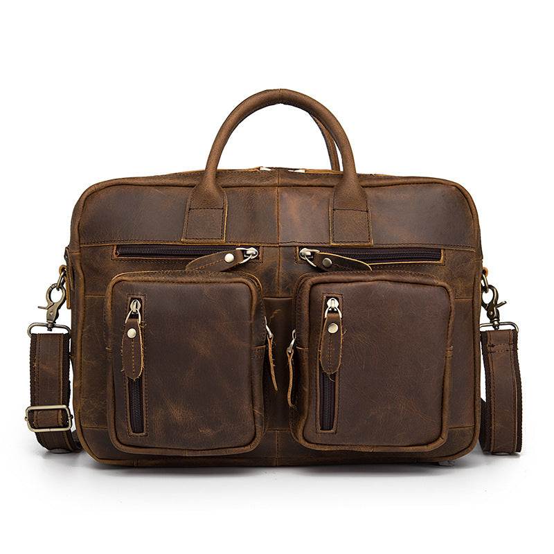 Vintage Brown Leather Men's Briefcase 14'' Computer Briefcase Professional Handbag For Men