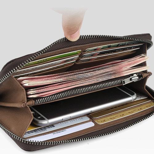 Genuine Leather Mens Cool Long Leather Wallet Zipper Clutch Wallet for Men