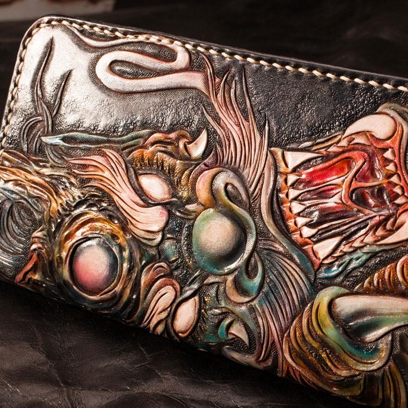 Handmade Leather Mens Clutch Wallet Cool Chinese Dragon Tooled Wallet Long Zipper Wallets for Men