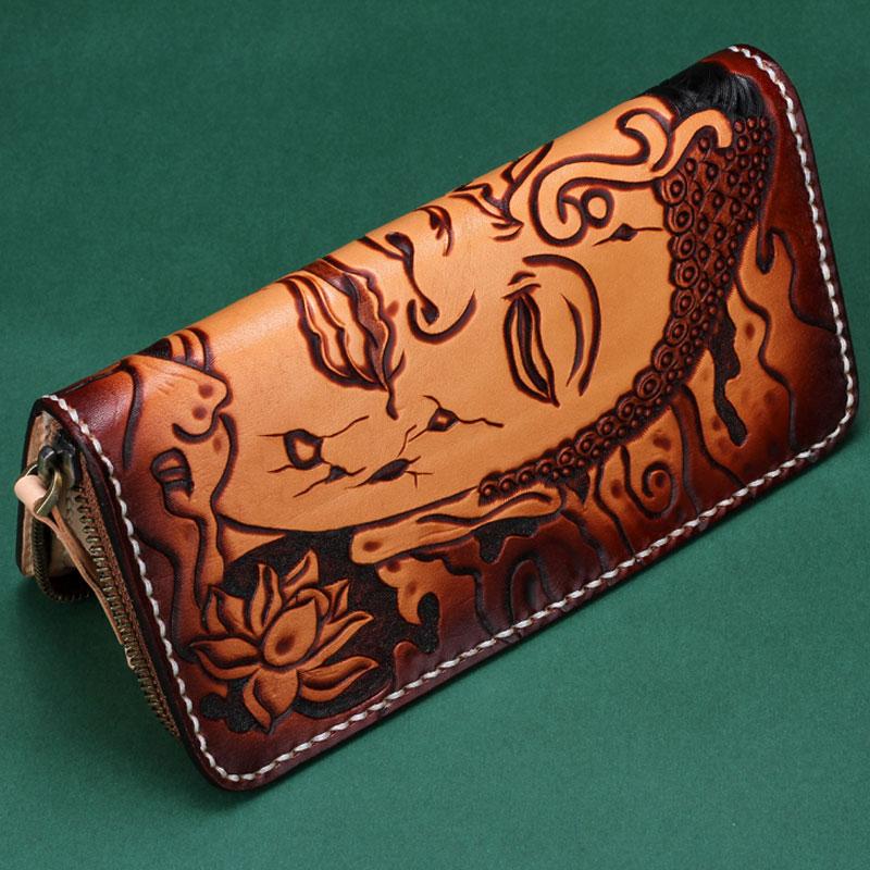 Handmade Leather Mens Clutch Wallet Cool Buddha&Demon Tooled Wallet Long Zipper Wallets for Men