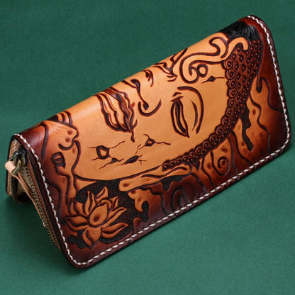 Handmade Leather Mens Clutch Wallet Cool Buddha&Demon Tooled Wallet Long Zipper Wallets for Men