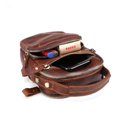 Brown Leather Men's Vertical Small Courier Bag Belt Pouch Mini Messenger Bag Belt Bag For Men