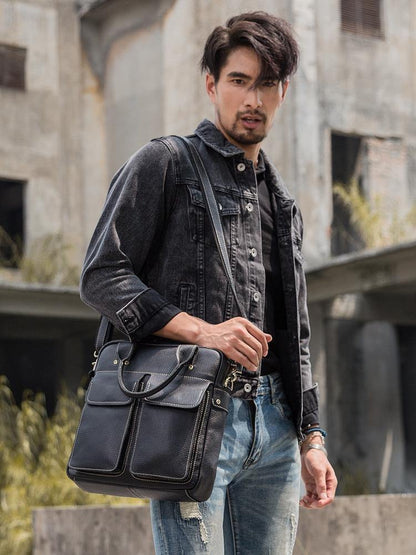 Black Casual Leather Mens 10 inches Vertical Briefcase Side Bags Postman Bag Black Work Bag Courier Bag for Men