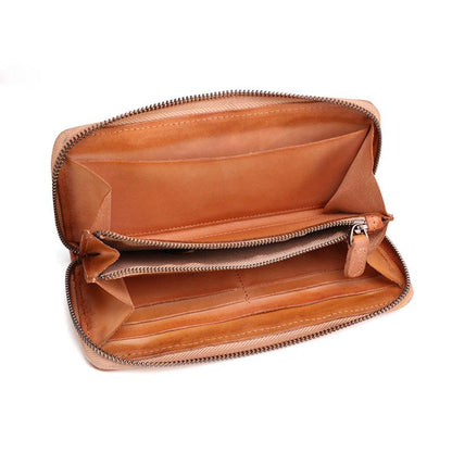 Cool Tan Mens Leather Long Wallet Braided Zipper Long Wallet for Men