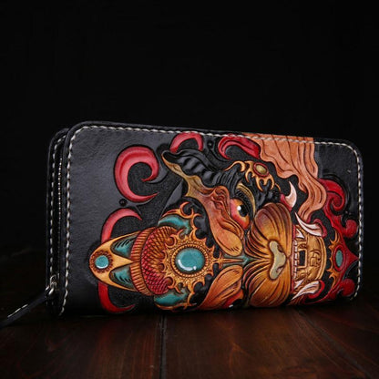 Handmade Leather Mens Clutch Wallet Tooled Cool Monster Wallet Long Zipper Wallets for Men