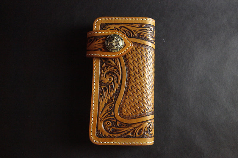 Tooled Handmade Leather Mens Long Biker Wallets Chain Wallet Biker Chain Wallets For Men