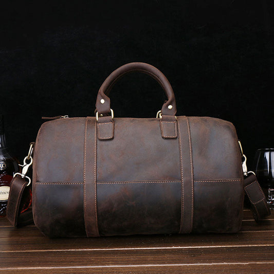 Dark Brown Leather Mens Barrel Overnight Bag Duffle Bag Travel Bag Weekender Bag for Men