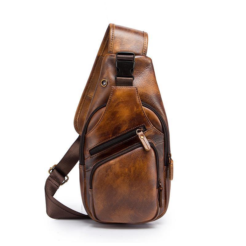 Brown Cool LEATHER MENS 8'' Sling Bag Coffee Chest Bag Brown One Shoulder Bag For Men